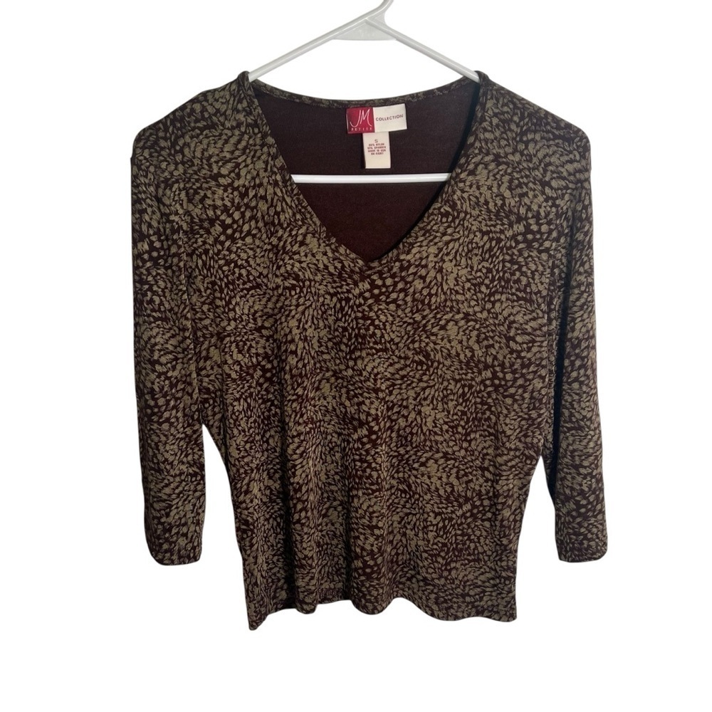 JM Collection Women's Size Small Blouse V-Neck 3/4 Sleeve Black Tan Geometric
